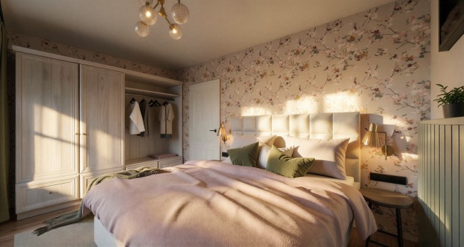 Gem&uuml;tliches Schlafzimmer mit floraler Tapete, Doppelbett und offenem Kleiderschrank bei Sonnenlicht